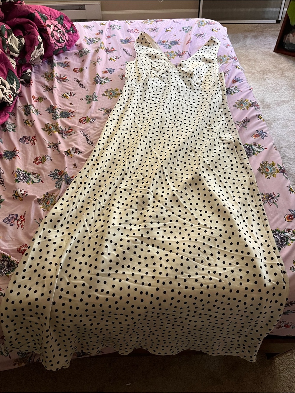 Zara Cream Maxi Slip Dress with Black Polka Dots